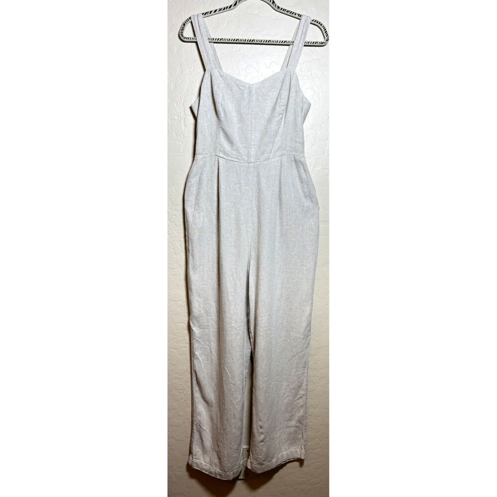 Old Navy Womens S Linen Blend Jumpsuit Beige Smocked Back Wide Leg Adjustable